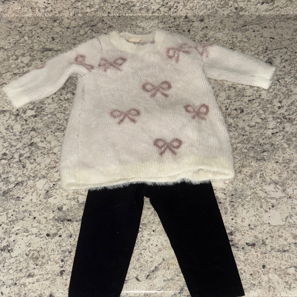 Tucker and Tate Bow Sweater with black leggings 3 m
